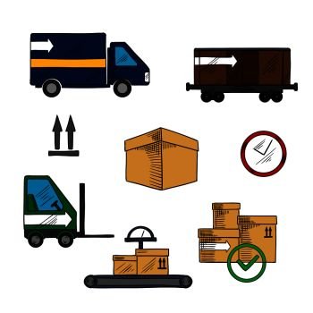 Delivery, shipping and logistics icons with container train and packages, truck and scale conveyor, packaging signs and forklift truck, clock with cardboard box. Delivery, shipping and logistics icons