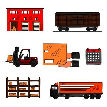 Storage and delivery service elements with freight wagon and delivery truck, warehouse building, forklift truck and rack with boxes, calendar and hands with box. Shipping, logistics and delivery theme. Storage and delivery service elements