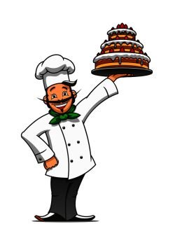 Cartoon french chef presenting the tray with tiered chocolate cake topped with buttercream and fresh berries. Pastry and confectionery shop or restaurant menu themes. Cartoon french chef with chocolate cake