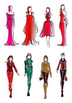 Colorful sketched silhouettes of modern fashionable girls, wearing bright everyday clothes and formal evening sleeveless dresses. Use as fashion, shopping or sale theme design. Fashionable girls colorful sketch silhouettes