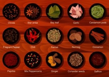 Spicy and flavorful spices and condiments flat icon with top view of bowls with cinnamon, ginger, cloves, nutmeg, anise stars, garlic, cardamom pods, chili, bay leaves, paprika powder, fennel, coriander, mix peppercorns, saffron on wooden background. Flat flavorful spices and condiments icon