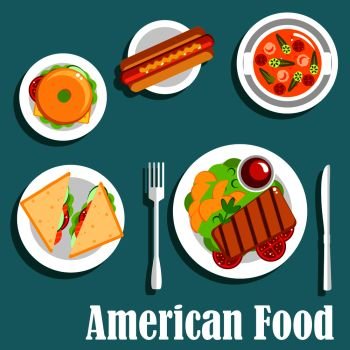 American cuisine dinner icon of homemade dishes with hot dog, bagel cheeseburger, grilled beef steak, served with potatoes and ketchup, salted salmon sandwiches and tomato seafood soup with shrimps and green chili. Flat style. Homemade dinner of american cuisine flat icon