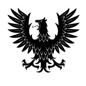 Black heraldic bird symbol for medieval stylized coat of arms or tattoo design usage with silhouette of screaming eagle in aggressive posture with raised wings. Black heraldic eagle in aggressive posture icon