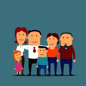 Portrait of cartoon extended family with happy smiling father and mother, cute daughter, son and grandparents. Great for family, parenthood and marriage themes design usage. Happy multigenerational family cartoon portrait
