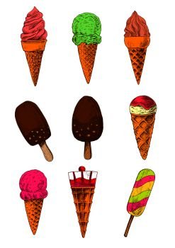 Chocolate covered ice cream on sticks, rainbow popsicle, soft serve and scoops of strawberry and vanilla, chocolate and pistachio ice cream cones topped with jam and fruits. Colored sketches for delicious summer desserts design  . Sketched ice cream cones, sticks and popsicle