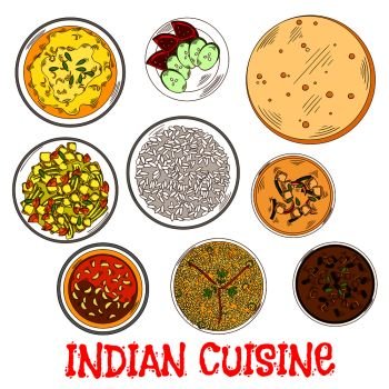 Traditional indian vegetarian thali sketch icon served with flatbread, fried and steamed rice, tomato chutney with garlic and various of curry with beans, yogurt and vegetables, lentil and spicy herbs. Indian vegetarian thali sketch with various curry