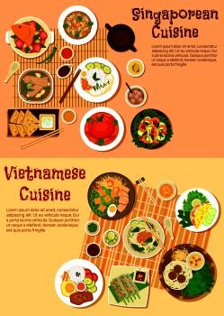 Asian cuisine icon with flat symbols of vietnamese spring rolls and singaporean chilli crab, seafood curries and meat soups, shrimp salad and nasi lemak rice, flatbread with tartar sauce and rice pancake, noodles with meatballs and vermicelli cakes. Vietnamese and singaporean cuisine flat icon 