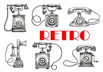 Old fashioned rotary dial telephones vintage engraving sketch illustration with decorative handsets. Contact us button or communication theme design usage. Vintage sketched rotary dial telephones symbols