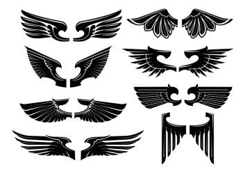 Spread wings design elements for medieval coats of arms, tattoo or jewelry with black silhouettes of paired heraldic wings. Spread heraldic wings black icons