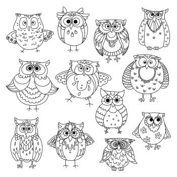 Decorative sketches of cute owls with young owlets, wise horned owls and funny barn owls, adorned by fluffy feather patterns, wavy lines and flowers. May be use as t-shirt print or wisdom symbol design. Funny owls and young owlets sketch symbols