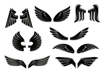 Black heraldic wings set in tribal style for tattoo and book, heraldry or religious design isolated on white. Vintage or retro birds and angel wings. Black tribal heraldic wings set