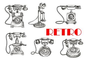 Sketch of retro or vintage telephones with rotary dial and old candlestick, earphone and switchhook. Obsolete and classic technology for communication and talking connected by wire via landline. Sketch of retro telephones with rotary dials