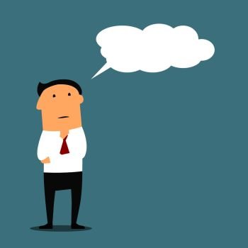 Cartoon businessman or manager thinking with cloud or bubble. Serious face expression while concluding or guessing something, considering or deeming thought. Cartoon businessman thinking with cloud or bubble