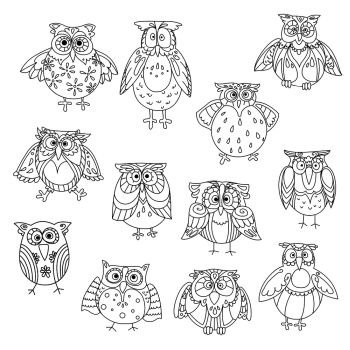 Funny owl silhouettes outline with different feathering pattern on head and wings. Wise birds with amazed or shocked, stunned or astound, cute or wondering look. Funny owl silhouettes outline with cute feathering