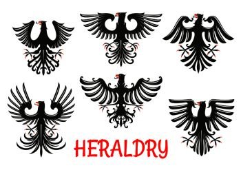 Black eagles heraldic birds of prey with raised and outstretched wings with pointed upward feathers. Coat of arms and heraldic emblem design. Heraldic black eagles with raised wings