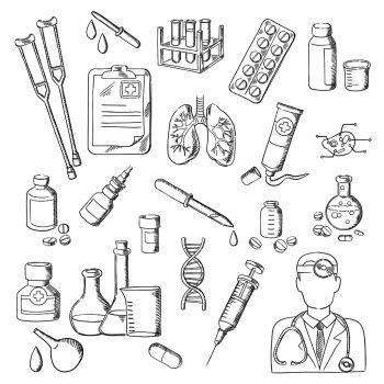 Sketches of doctor with stethoscope, pill, syringe, test tube, medical checkup form, laboratory flask, DNA, human lungs and cell, medicine bottle, ointment tube, dropper, crutches and enema. Medicines, medical laboratory equipments sketches
