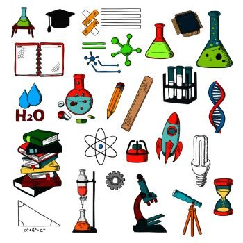Education and sciense sketches with pile of books, pencil, ruler, laboratory flasks and tubes with gas burners, notebook, microscope, telescope, light bulb, rocket, models of atom, dna and molecules. Chemistry, physics, mathematics education sketches