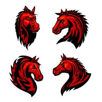 Fire horses symbols of aggressive and powerful stallions with fiery red tribal pattern of flaming manes. Horse racing mascot or tattoo design. Fire horses mascots with tribal flame ornaments