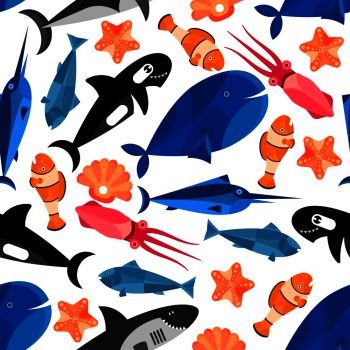 Fish cartoon seamless background. Children funny wallpaper with vector pattern of cute swimming fishes, clownfish, shark, whale, starfish, swordfish, cuttlefish, shell, tuna, squid. Fish cartoon seamless pattern wallpaper