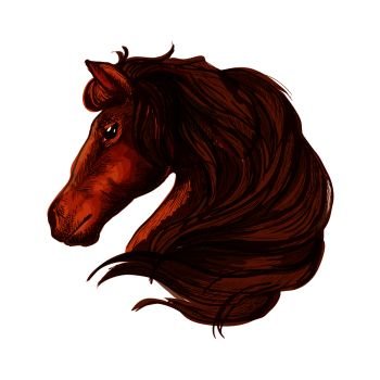Horse with long wavy and long mane. Portrait of brown bay stallion with shiny eyes and kind glance. Brown horse head with wavy mane portrait