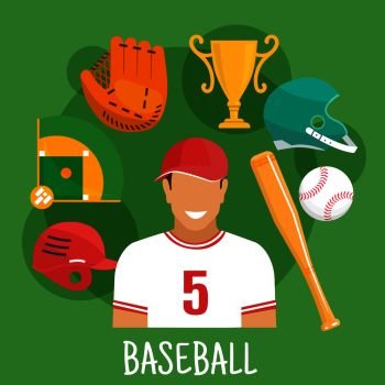 Baseball batter in sporting uniform and cap flat icon for sports competition design usage with symbols of ball, bat, protective helmets and catcher glove, trophy cup and baseball field. Baseball game icon with batter and sporting items