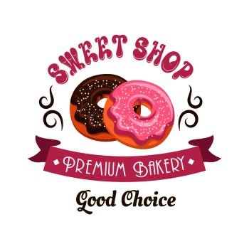 Donut shop retro cartoon badge with chocolate and pink frosted doughnuts, supplemented by vintage ribbon banner, swirling lines and header Sweet Shop. Donut shop retro icon design with glazed doughnuts
