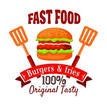 Burger shop badge design template of fast food hamburger with beef patty, salad, tomato and onion vegetables on sesame bun, flanked by spatulas and ribbon banner with text Burgers and Fries. Fast food cafe takeaway menu design usage. Burger shop or fast food cafe retro badge design