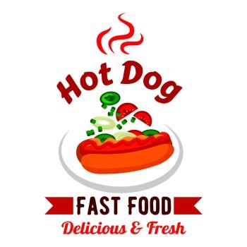 Takeaway fast food sandwiches menu design element with hot dog, garnished with mustard, ketchup, fresh tomatoes, cucumbers and onions vegetables. Fast food hot dog with fresh vegetables and sauces design template. Fast food hot dog with fresh vegetables badge