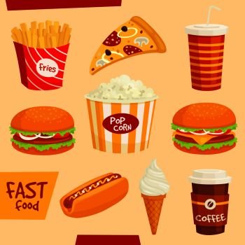Fast food icons set. Fastfood snacks and beverages isolated vector elements. Cartoon drawings illustration. Burger, hamburger, french fries, hot dog, cheeseburger, pizza, popcorn, ice cream, milkshake and coffe. Fastfood icons set. Snacks and beverages elements
