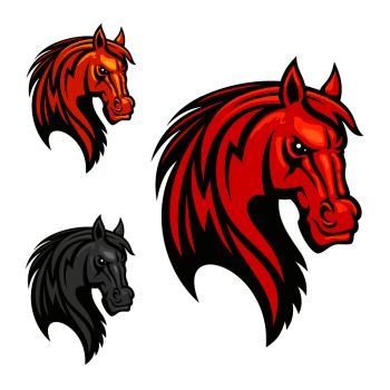 Horse stallion head icons. Powerful mustang vectro heraldic emblem for sport club emblem, team shield, badge, label, tattoo. Horse stallion head and mane shiled icons