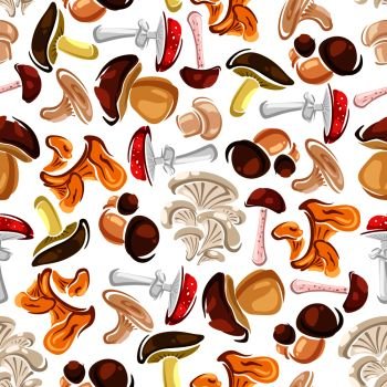 Mushrooms seamless background. Vector wallpaper with pattern of amanita, champignon, lactarius, boletus, chanterelle. Mushrooms seamless pattern background