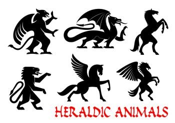 Heraldic animals icons. Griffin, Dragon, Lion, Pegasus, Horse outline silhouettes for tattoo, heraldry or tribal shield emblems. Fantastic mythical creatures. Vector graphic elements. Heraldic mythical animals emblems
