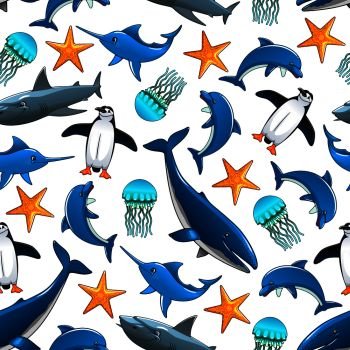 Ocean animals cartoon seamless background. Vector pattern of dolphin, penguin, shark, whale, starfish, swordfish, jellyfish. Wallpaper for children room, bathroom decoration. Ocean animals cartoon seamless background