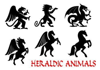 Animals heraldic emblems. Vector silhouette icons. Griffin, Dragon, Lion, Pegasus, Horse outline for tattoo, heraldry, tribal shield emblem. Fantasy mythical creatures. Animals heraldic emblems. Vector silhouette icons