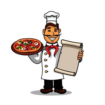 Pizzeria icon. Italian Chef in uniform and cooking cap holding menu card template and pizza. Vector emblem for restaurant signboard, menu, decoration. Pizzeria icon. Chef wih Menu card and pizza