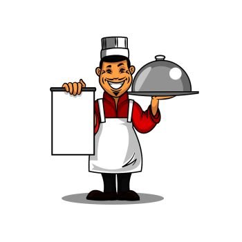 Oriental kitchen restaurant icon. Asian Chef in uniform holding menu card template and dish plate. Vector emblem for signboard, menu, decoration. Asian restaurant Chef. Menu card template