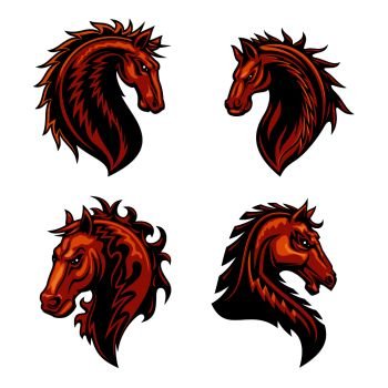 Fire horse head mascot with brown wild mustang stallion, adorned by ornaments of curly fire flames. Sporting team or club symbol design. Fire horse mascot of flaming wild mustang