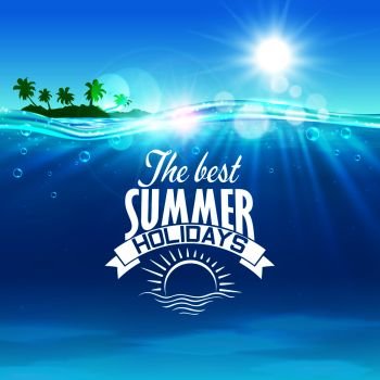 Vacation, summer holidays and travel background with tropical island with palm trees at the ocean and badge with ribbon banner and sunrise on foreground. Vacation, summer holidays and travel design