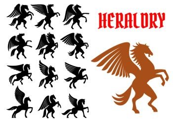 Mythical Pegasus horse creatures. Heraldic animals icons. Vector heraldry emblem silhouettes for insignia, tattoo, shield element. Mythical animals heraldic icons, emblems