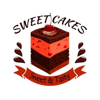 Sweet cake with berries. Bakery shop emblem. Vector icon of sweet cupcake with chocolate and souffle layers and cherry topping. Template for cafe menu card, cafeteria signboard, patisserie poster, bakery label. Sweet cake with berries. Bakery shop emblem