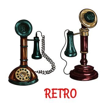 Old vintage retro phones with receivers, dials, wires. Vector color sketch antique telephones. Old vintage retro phones color sketch