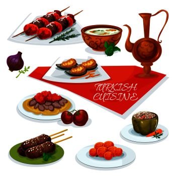 Turkish cuisine meat and vegetable dishes icon with beef shish kebab, lamb kefta kebab, flatbread with iskender kebab and tomatoes, stuffed pepper, butter mussels, carrot ball, rice mint soup. Turkish cuisine meat and vegetable dishes icon