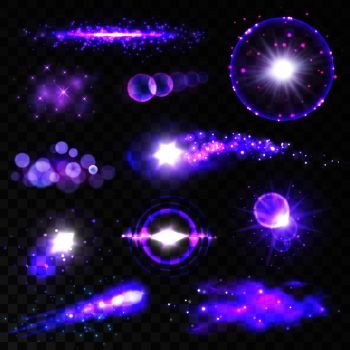 Purple lights. Neon bokeh light flashes and sparkles. Twinkling star, shining sun beams and sparks with lens flare effect on transparent background. Neon purple glitter lights and sparkles