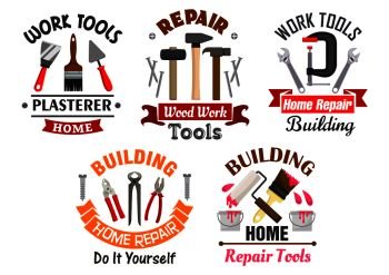 Building and repair tools badges set with hammer, pliers, trowel, spatula, adjustable wrench, paint brush and roller, clamp, framed by nails, fasteners and ribbon banner. Work tools for repair and building badges set