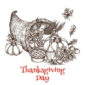 Thanksgiving greeting card with sketch decoration element of horn plenty of food. Traditional design of meal, fruit and vegetable harvest abundance for banner, poster, invitation card. Thanksgiving Day cornucopia greeting sketch