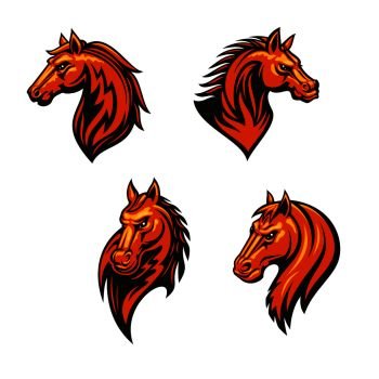 Tribal horse head with flaming mane icon set. Wild horse and mustang with tribal fire flame ornament. Sporting mascot, tattoo, equestrian theme design. Tribal wild horse or mustang head icon set