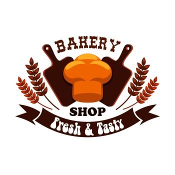 Bakery shop emblem. Fresh and tasty bread loaf with cutting board and wheat ears design elements. Bakery shop emblem. Fresh and tasty bread loaf