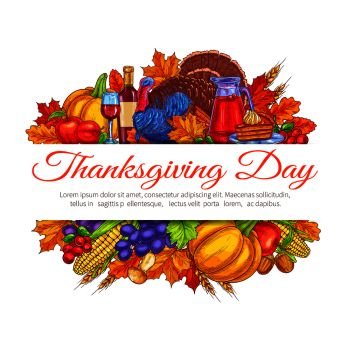 Thanksgiving Day greeting card decoration. November traditional american thanksgiving celebration placard design. Autumn fruits and vegetables harvest abundance, table plenty of food. Vector label for thanksgiving invitation. Thanksgiving Day greeting card decoration