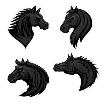 Horse head heraldic emblems set. Stylized stallion icons for sport club, team badge, label, tattoo. Mustang head with thorny prickly mane and bold look. Horse head heraldic emblem