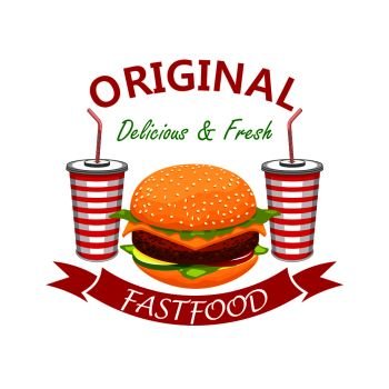 Tasty cheeseburger with beef cutlet and cold refreshing soda drinks. Fast food vector emblem. Fresh and yummy bun with meat cutlet, cheese and vegetables. cheeseburger with soda drink fast foodd emblem